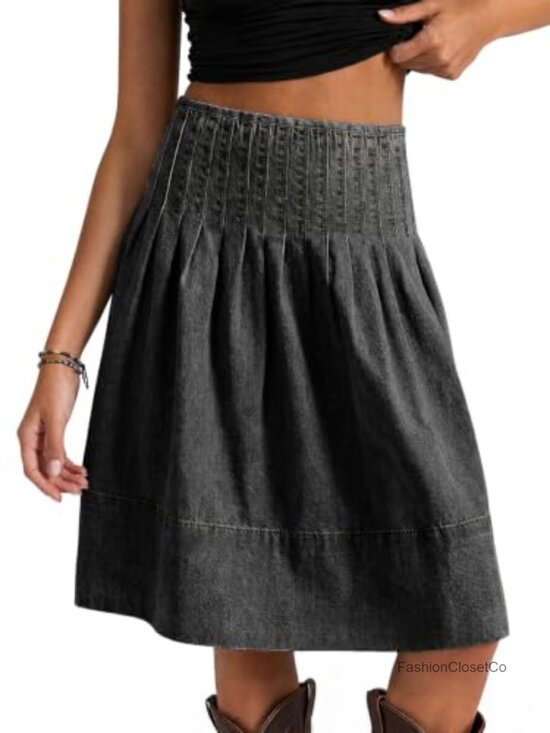 Dresses & Skirts - Womens Pleated Denim Midi Skirt High Waisted A-Line Knee Length Cotton Blend